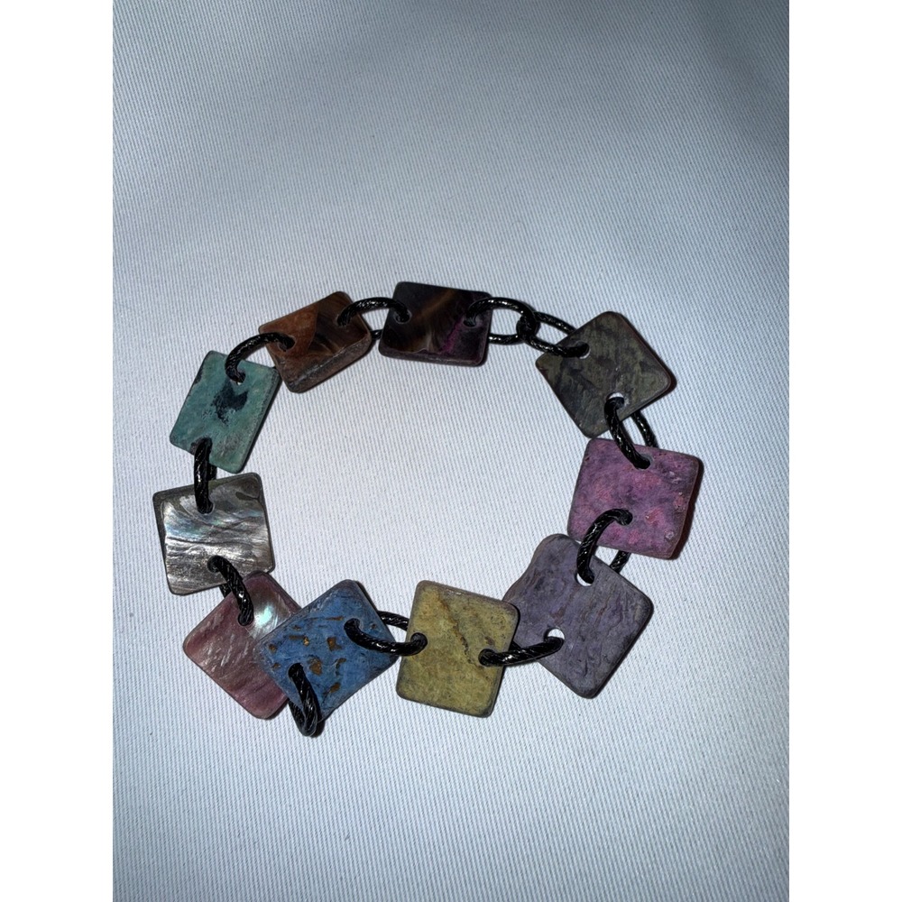 Bohemian Multi Color Square Shell Tile‎ Stretch Bracelet Earthy Jewel Tones